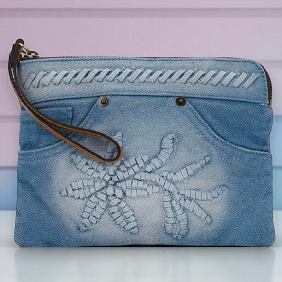 Patricia Nash Lacing Denim Rosley Embroidered Wristlet - NEW - Picture 1 of 4